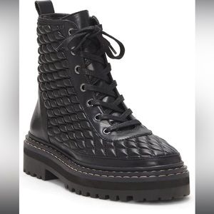 Vince Camuto Prellar Black Quilted Leather Lace Up Combat Boot